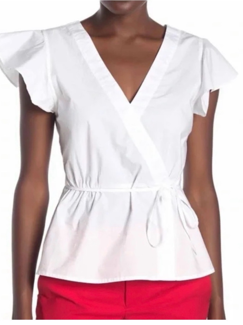 J Crew Black Label White Poplin Flutter Sleeve Faux Wrap Top Size 2 Petite